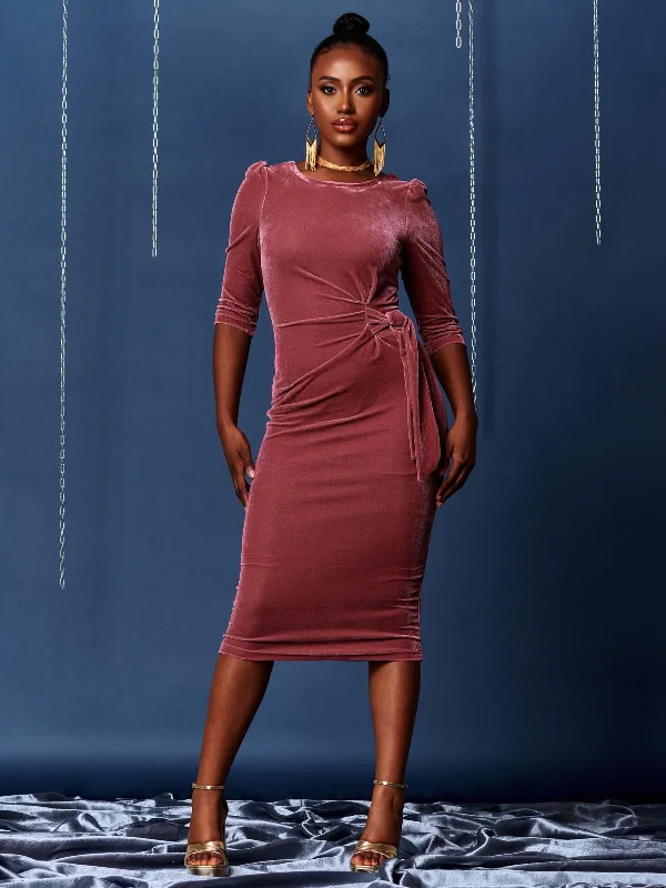 Final Clearance 3/4 Sleeve Tie Detail Velvet Midi Dress, Pink
