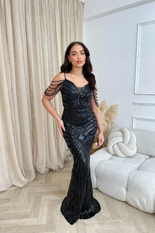Super Sale Vanity Black Luxe Sweetheart Beaded Shoulder Fringe Sequin Embellished Mermaid Illusion Maxi Dress