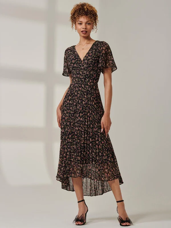 Mega Sale Meagan V-Neck Chiffon Maxi Dress, Black Ditsy