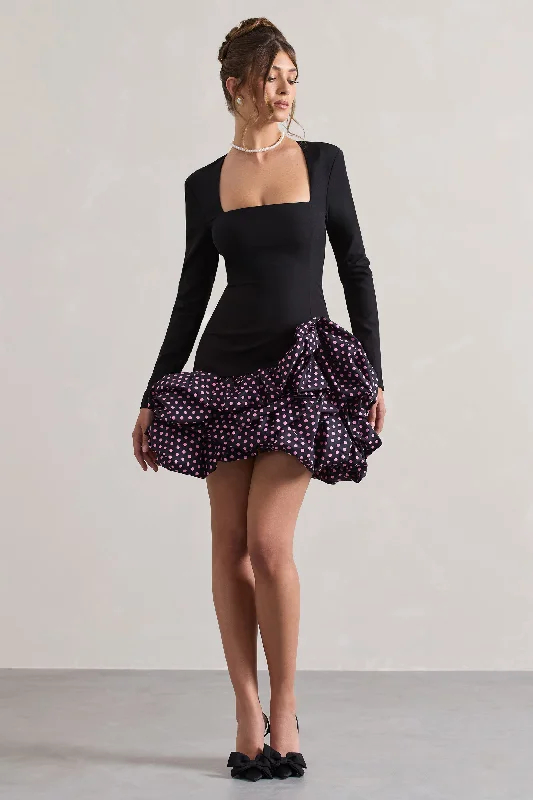 Special Offer Surreal | Black Polka Dot Square-Neck Mini Dress With Ruffles