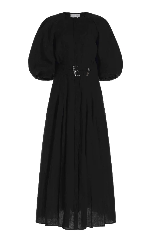 Year-End Sale Elea Pleated Maxi Dress in Black Aloe Linen