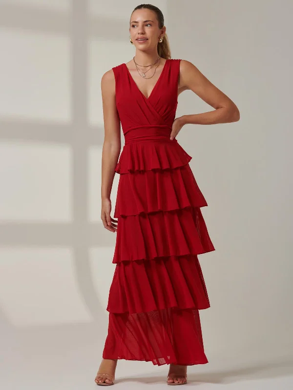 Referral Discount Plain Tiered Mesh Maxi Dress, Red