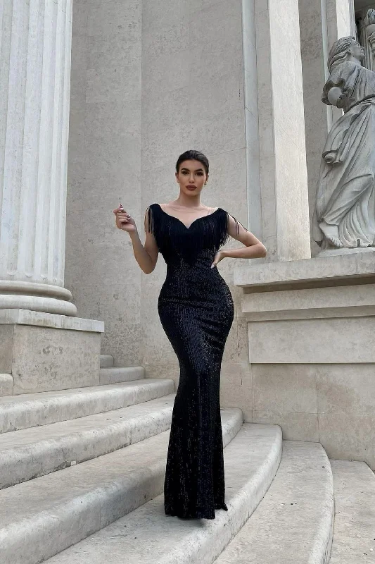 Warehouse Sale Kendal Black Luxe Vip Plunge Tassel Fringe Sequin Embellished Illusion Maxi Dress