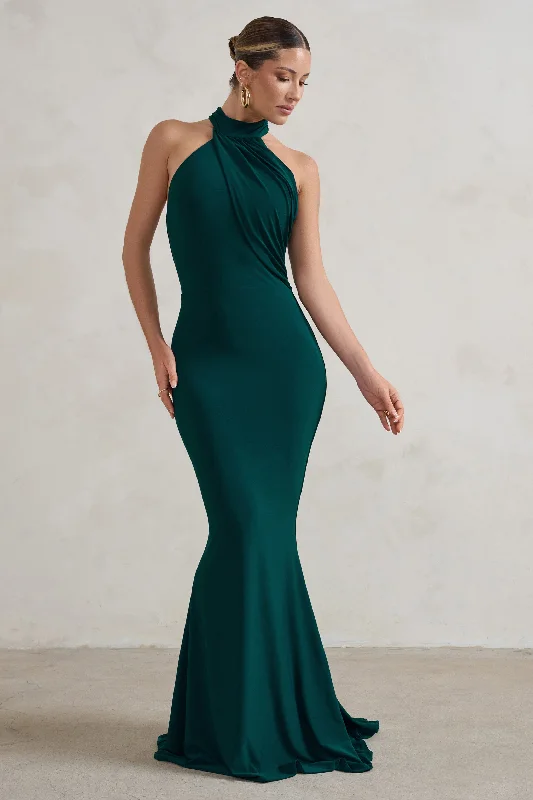 Price Drop Marion | Green High Neck Maxi Dress With Statement Train
