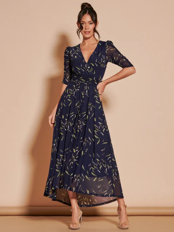 Doorbuster Deal Dasha Ruched Sleeved Mesh Maxi Dress, Navy Leafy