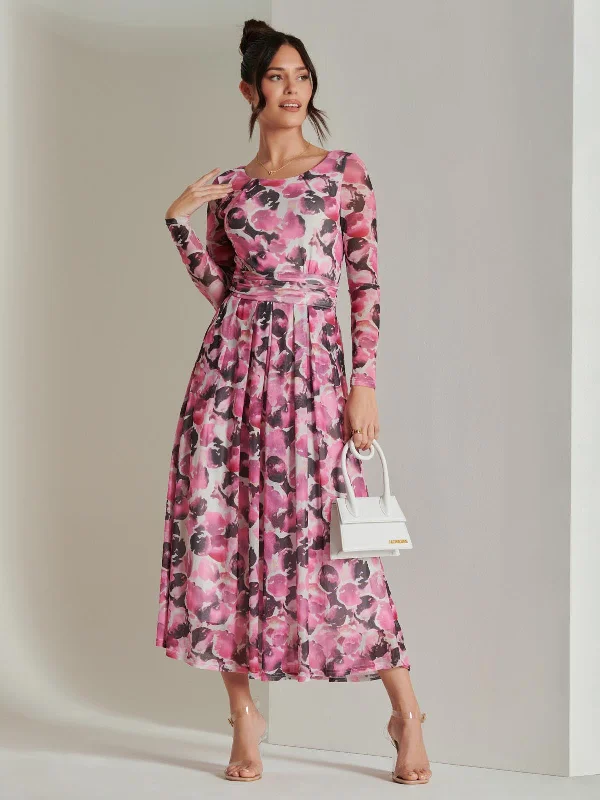 Great Bargains Abstract Print Mesh Long Sleeve Maxi Dress, Pink Multi