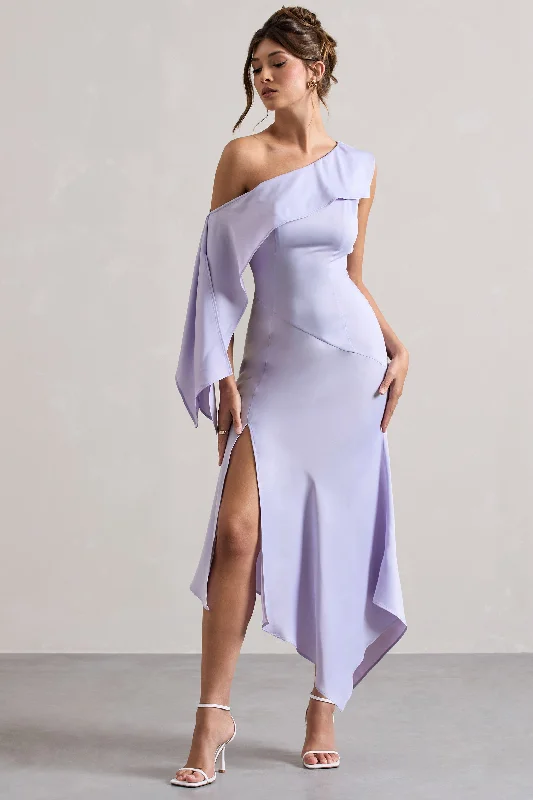 Warehouse Sale Freesia | Lilac Satin Asymmetric Draped Split Maxi Dress