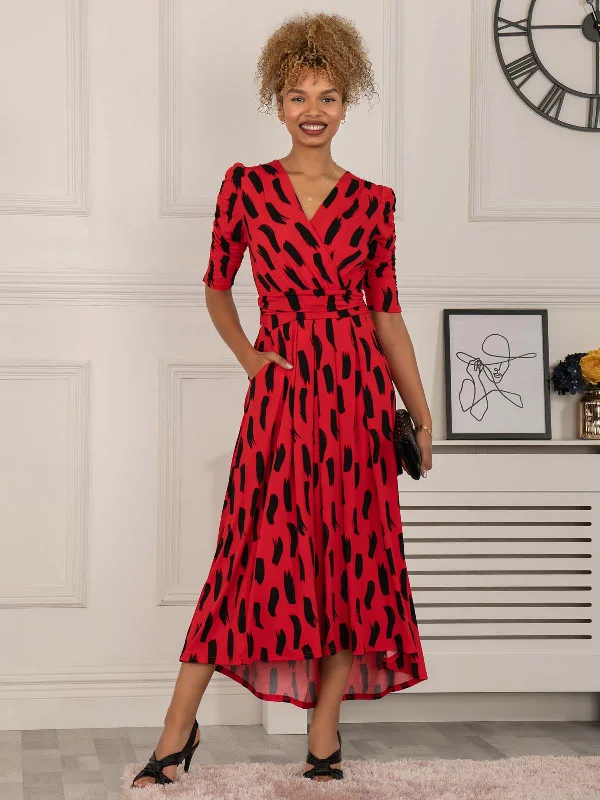 Factory Direct Sale Quanna Stroke Print Jersey Maxi Dress, Red