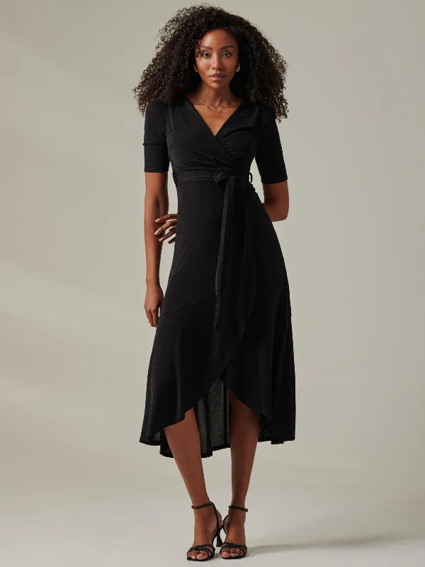 Don't Wait Metallic Tie Waist Wrapped Maxi Dress, Black