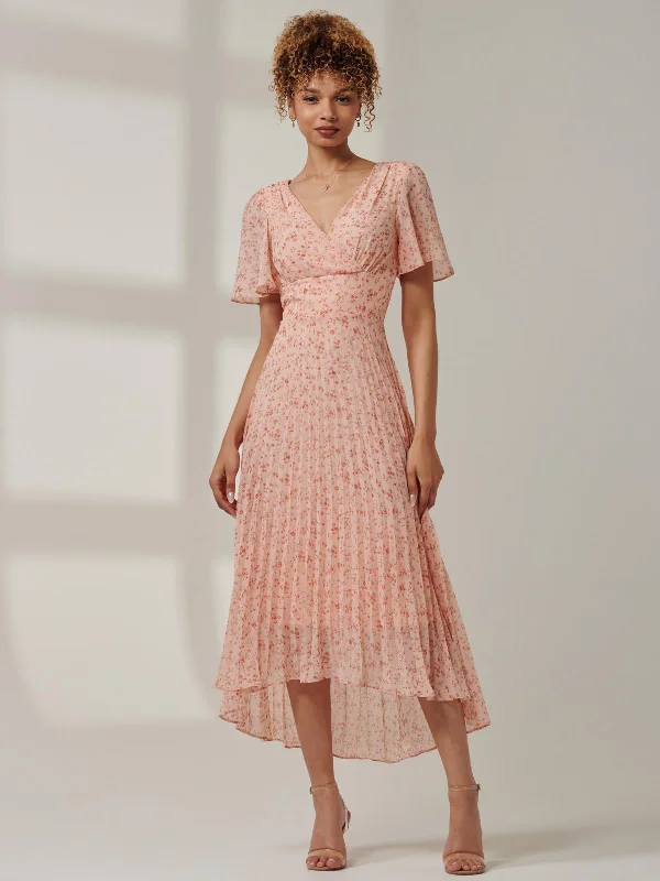 Flash Deals Meagan V-Neck Chiffon Maxi Dress, Pink Ditsy