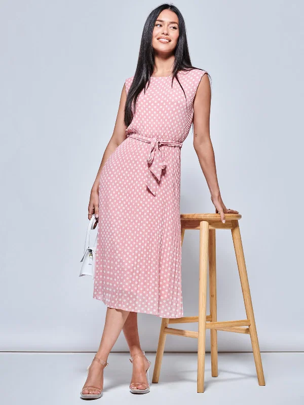 Referral Discount Hayes Pleated Chiffon Midi Dress, Pink Polka