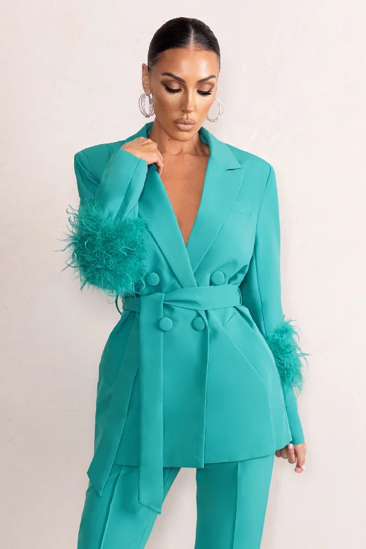 Inventory Reduction Just Like That | Turquoise Belted Blazer With Feather Detail