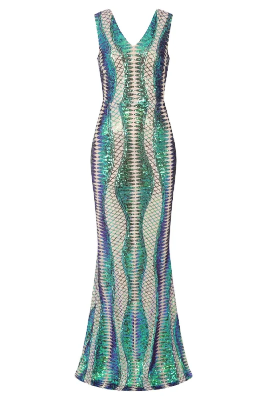 Super Savings Twilight Green Nude Sequin Bandage Cage Bodycon Maxi Mermaid Dress