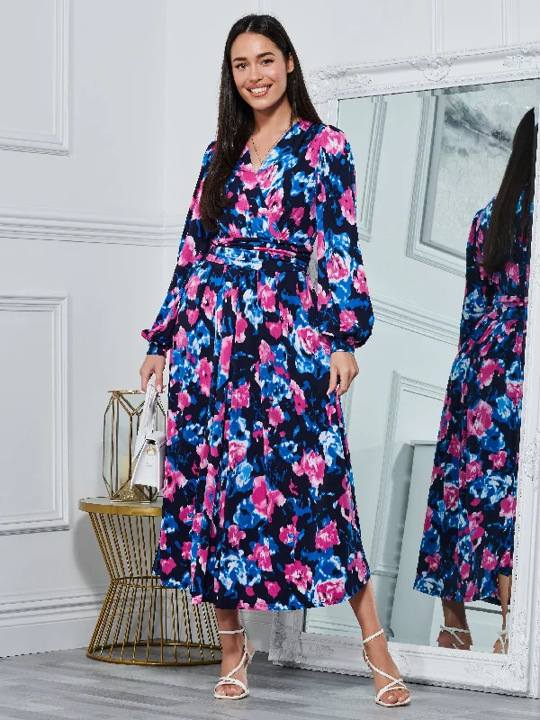 Price Blitz Kamille Floral Long Sleeve Dress, Navy Floral