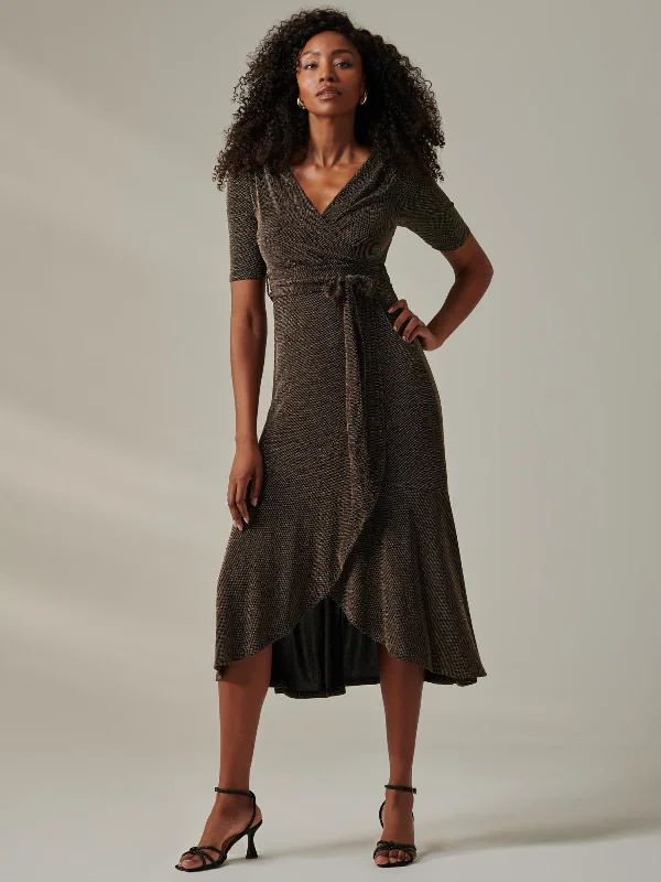 Big Discounts Metallic Tie Waist Wrapped Maxi Dress, Black/Gold