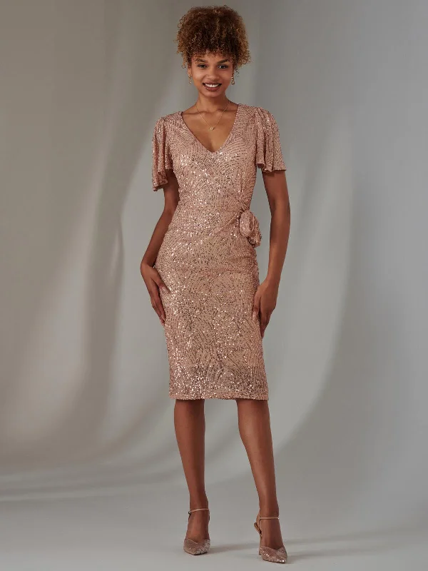 Online Only All Over Sequin Dress Midi Dress, Rose Gold