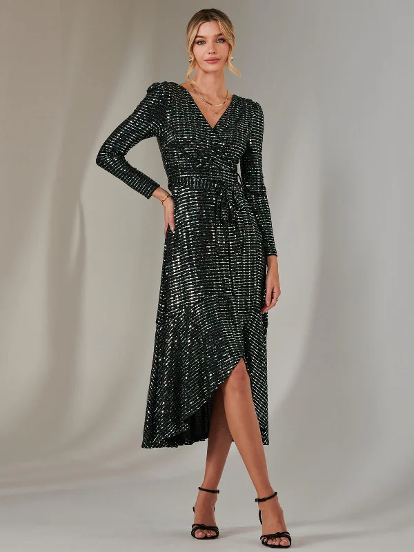 Flash Sale Long Sleeve Metallic Spot Maxi Dress, Black Green